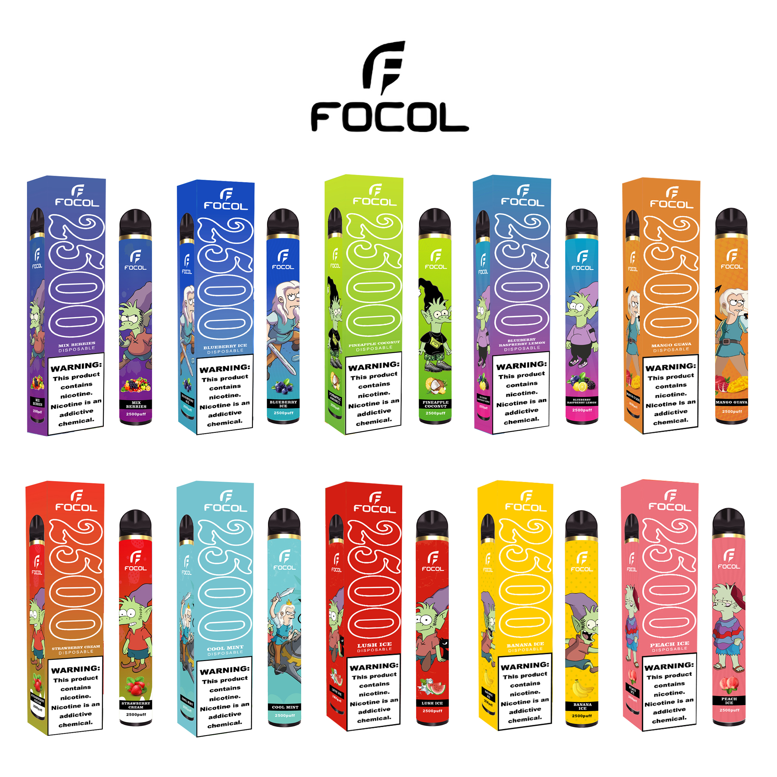 2500 Puffs Rechargeable Disposable Vapes 0/2/3/5% Nicotine
